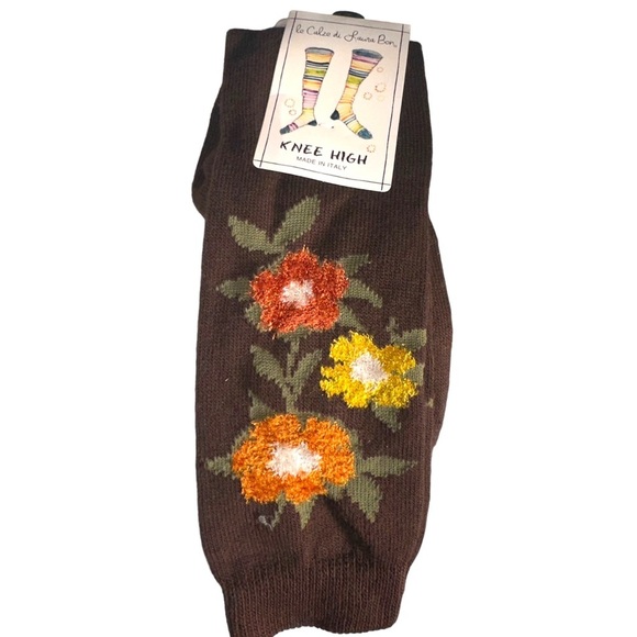 Italian  brown knee high socks with orange & yellow flowers. One size fits most. - Picture 1 of 5